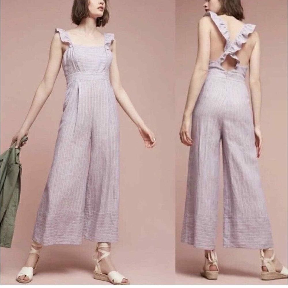 Anthropologie  Elevenses Linen Nantucket Ruffle Square Neck Wide Leg Jumpsuit 4